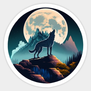 wolf in front of a white moon Sticker